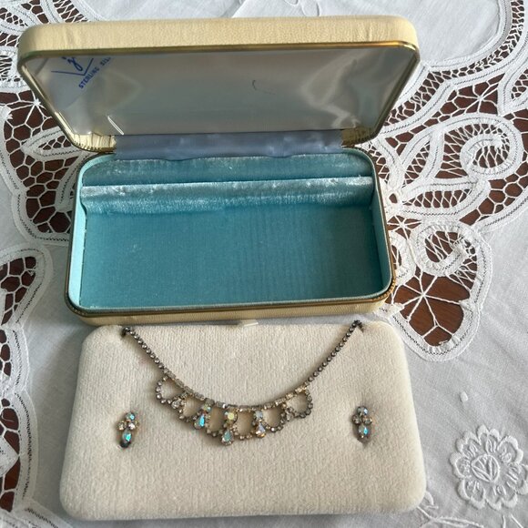 Vintage Necklace & Earrings Set Aurora Borealis Jay Kel Sterling Silver Wedding - Picture 8 of 14